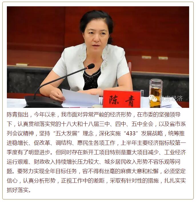 陳青在市政府全體會(huì)議上強(qiáng)調(diào)：緊盯一個(gè)目標(biāo)抓好九大任務(wù)落實(shí)強(qiáng)化三項(xiàng)保障，確保全市經(jīng)濟(jì)社會(huì)持續(xù)快速發(fā)展